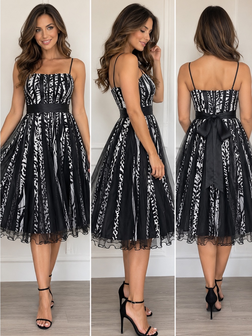 Aspeed Black and White Striped Fit-and-Flare Midi Dress